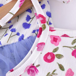 Großhandel Floral Flutter Print Bogen KNOT Rib Bow <span class=keywords><strong>Baby</strong></span> <span class=keywords><strong>Girl</strong></span> Pink Gaze Kleid Custom <span class=keywords><strong>Baby</strong></span> Bambus Kleid - Product Image 4