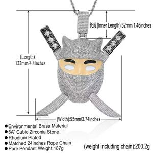 Collier pendentif Ninja en laiton plaqué or, style Hip Hop, avec grand et lourd cordon émaillé et zircons cubiques, <span class=keywords><strong>épée</strong></span> amovible pour homme - Product Image 1