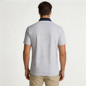 Polo de golf pour homme à imprimé pois intégral, coupe classique, col contrastant, 100 % polyester, idéal pour le bureau, vente en gros, transfert par sublimation - Product Image 2