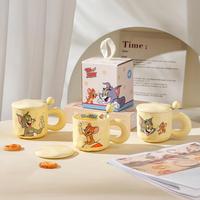 Vente flash - Tasse en céramique de style vintage avec design de dessin animé Tom et Jerry, résistante aux hautes températures, en porcelaine jaune, avec couvercle et cuillère
