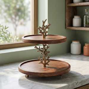 Bandeja de Servir de Madera de Dos Niveles con Soporte de Metal Color Coral, Diseño Multicapa para Postres y Exhibición en Mesa - Product Image 1
