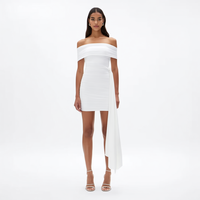 Nouvelle Robe Mini de Soirée Élégante Blanche à Épaules Dénudées, Froncée, Moulante, avec Traîne Asymétrique et Drapé, Personnalisée pour Femme, Idéale pour l'Été et les Fêtes