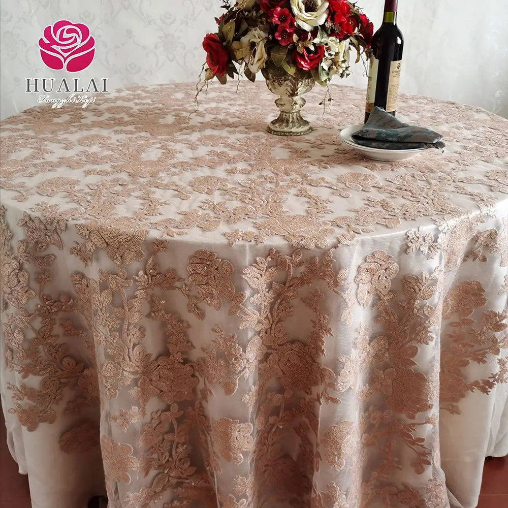 READY Ten Seat RECTANGLE embroidery rose gold Table Cloths Fabric for Wedding hotel Round on mesh 152*305