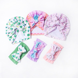 Nuevo Conjunto de Gorro y Diadema Estampados para Bebé, Lindo Conjunto de Dos Piezas con Lazo para Niños, en Poliéster Cortavientos para Exportación - Product Image 2