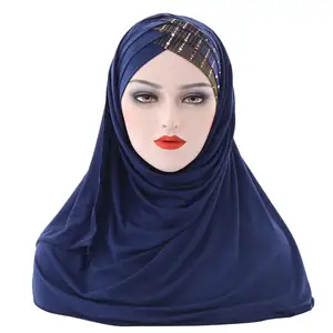 Wholesale 2021 popular ladies muslim hijab cap fashion plain stretch sequin women malaysia turban hat