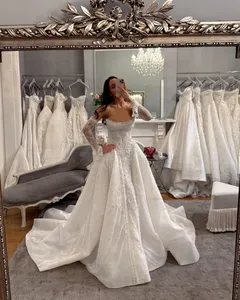 Sparkling Draped Neckline Zipper or Lace up of Back Pearls Sleeves Lace <strong>Basque</strong> Waist Wedding <strong>Dress</strong> - Product Image 6