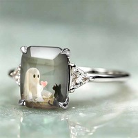 Bagues de cocktail personnalisées en gros, en verre imprimé motif chat fantôme d'Halloween sur fond cuivre, style bohème, pour usage quotidien, bijoux fantaisie, cadeau