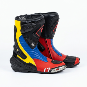 Botas de moto de carreras de media caña de cuero genuino con colores mixtos y cierre de cremallera para hombre y mujer - Product Image 4