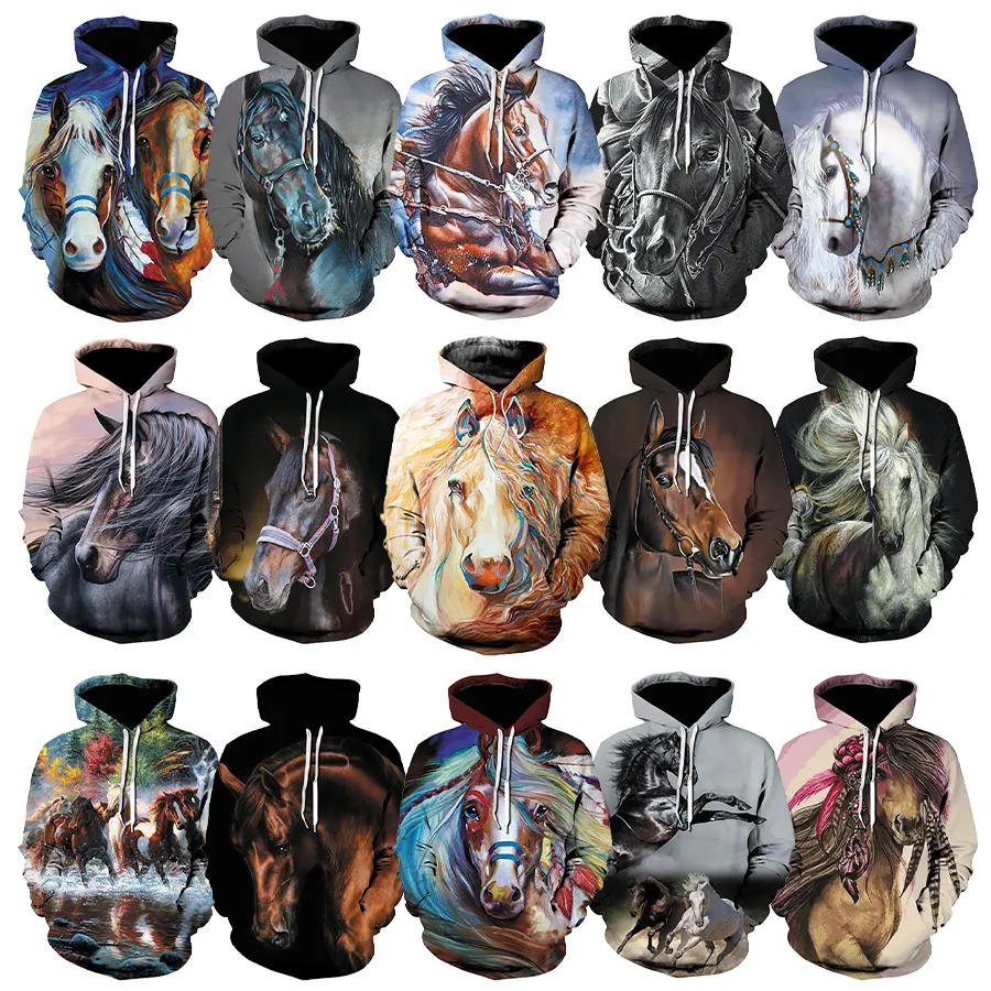 Sweat à capuche imprimé Animal 3D cheval pour homme, décontracté, surdimensionné, personnalisé, vêtement de Sport d'équipe