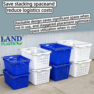 Bac de rangement moderne en plastique HDPE résistant aux chutes avec poignées en fer, panier ventilé empilable pour la distribution de produits - Product Image 1
