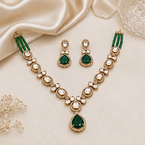 925 Silver <b>Necklace</b> and Earrings Set for Women Green Stone Pearls Kundan Work Traditional Indian Jewelry Bridal Party Gift - Product Image 2