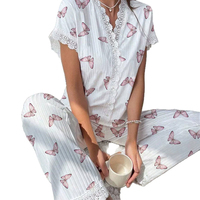 Ensemble en coton imprimé cerises pour femme Wildness avec broderie en dentelle soluble, haut à manches courtes et pantalon long, vêtements de détente