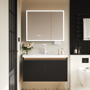 Mueble de baño negro para montar en la pared, estilo moderno minimalista, con espejo inteligente y lavabo integrado - Product Image 1
