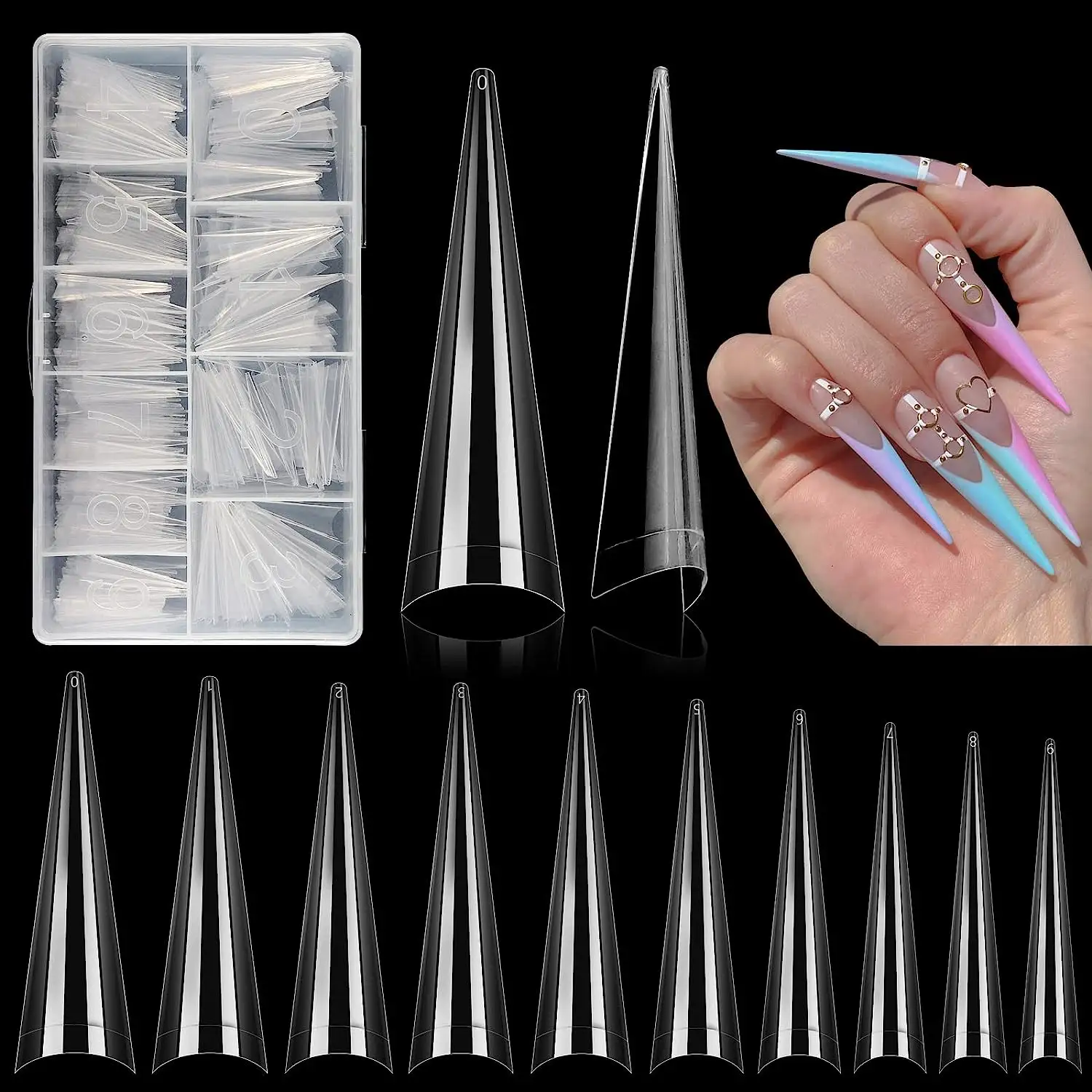 New Arrival Nail tips 500pcs XL 2XL 3XL 4XL C curve XXL Coffin Stiletto False Square Pointed Sharp Nail Tips