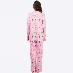 Ensemble de pyjamas de nuit personnalisés pour femmes Fabricant Fournisseur Vêtements de détente d'usine Vêtements de nuit Chemise imprimée <span class=keywords><strong>en</strong></span> bouteille de vin Pantalon long - Product Image 6