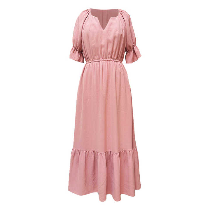 Women's Vintage Casual Dress Romantic Ruffled V-Neck Maxi Dress Solid ...