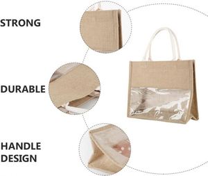 Custom Shopping <b>Gift</b> Bridesmaids Birthday Wine Decorated Recycled Transparent Tote Jute <b>Bag</b> With Window - Product Image 2