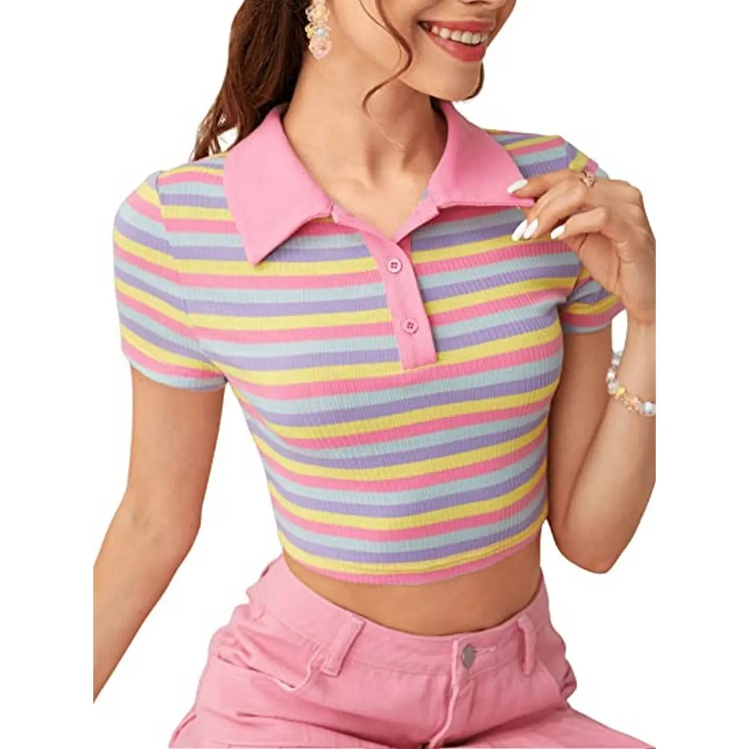 High Quality Heavy Cotton Stripe Rainbow Crop Tops T Shirt Summer Clothes For Women