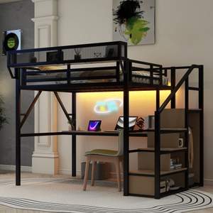 Metal Loft Bed with Desk and Storage <b>Shelves</b> Heavy Duty Freestanding Epoxy Coated Black Frame 4 Tier Grid Shelving <b>Unit</b> - Product Image 1