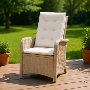Beige Poly Rattan Reclining Patio Chair With <b>Cushions</b> Outdoor Garden Chair Contemporary Style - Product Image 2