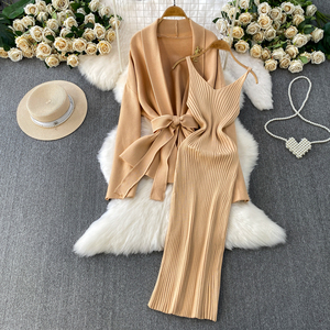 ชุดเซ็ตสองชิ้นสำหรับผู้หญิง ชุดลำลองหรูหรา เสื้อโค้ทยาวผูกเข็มขัด ชุดเดรสไหมพรมเข้ารูป ชุดสูทผู้หญิง 2 ชิ้น - Product Image 2