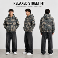 Blouson Bomber Streetwear Personnalisé Effet Usé et Déchiré Camouflage Entier avec Capuche Zippée, Broderie Grille Ripstop et Ourlet Élastique