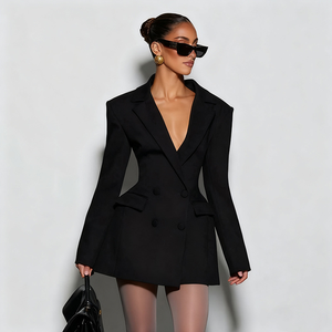 Blazer de <span class=keywords><strong>Mujer</strong></span> al por Mayor, Popular, con Cuello en V Profundo, Manga Larga, Cintura Ajustada, con Botones Dobles Delanteros y Diseño de Cintura Alta - Product Image 4