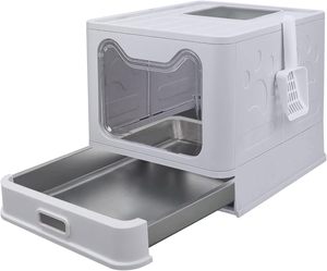 Bac à litière pour chat en métal entièrement fermé, grand format, pliable, avec tiroir amovible, en acier inoxydable, avec couvercle - Product Image 1