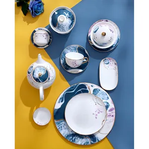 PITO Horeca Bone china blue decal patterns dinner plates dinnerware set gold rim ceramic dishes plate classic royal