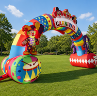 Arche gonflable personnalisée en forme de clown avec base tambour, portail d'entrée coloré pour carnaval, idéal pour parcs d'attractions, fêtes et événements.