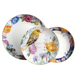 China supplier 12 piece luxury bird printed tableware crockery gold rim dinner set