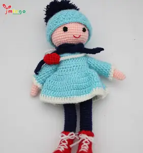 Knitted Handmade DIY Crochet Doll Lovely Girl Doll With Blue Dress Black Scarf Shoes Cute Stuffed Toys For Girls