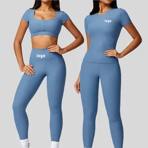 New Arrivals gym fitness set sportswear ribbed yoga cropped top short sleeves shirts yoga tights leggings set women fitness wear