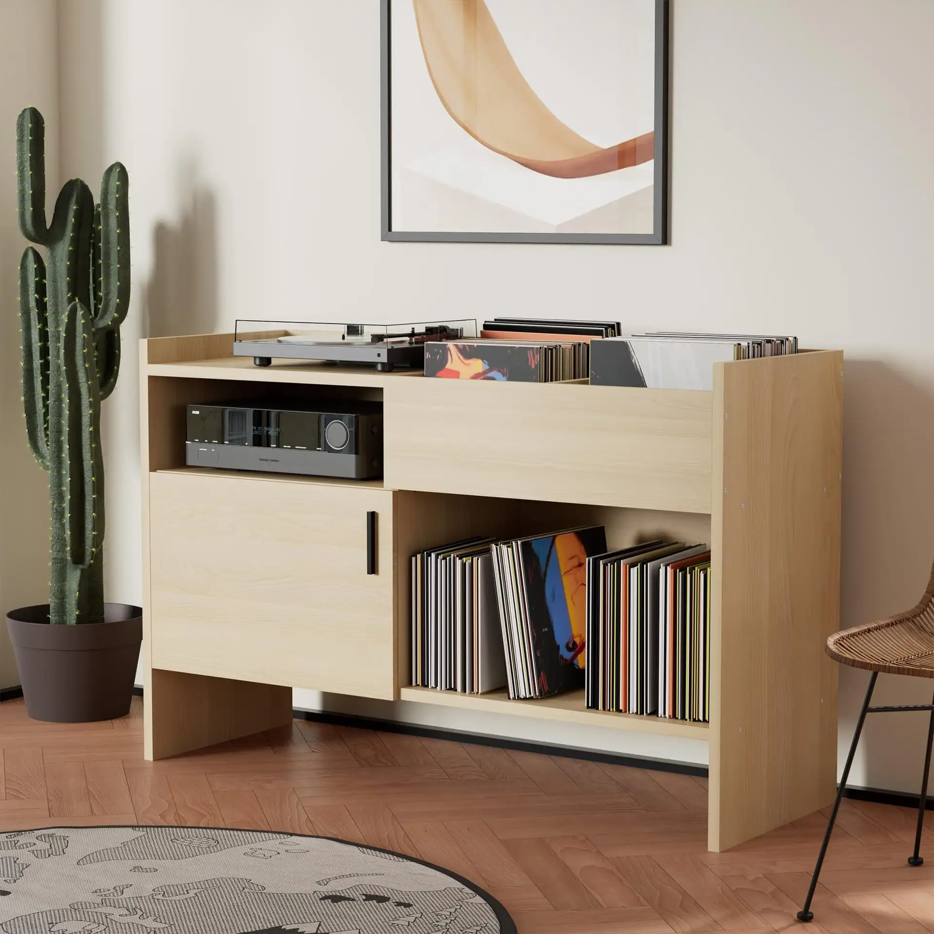 Modern Living Room Oak Divider Cabinet Vinyl Record Player Stand Wooden Mobile Phone Stand Table for Video Recording