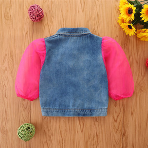 2022 Spring Autumn Fashion Infant Kids Outwear Ripped Denim Single Breasted Puff Mesh Lantern Sleeve Lapel Coats Girls Jacket - Product Image 5