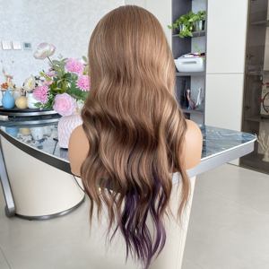 Perruques synthétiques premium bon marché avec mèches brun foncé et violettes, perruques à mèches 13x4 avec raie au milieu pour femmes noires - Product Image 6