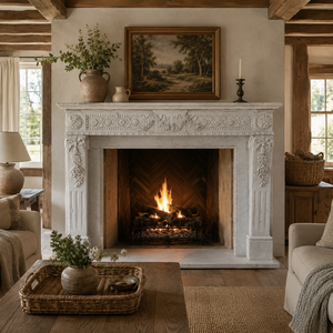Traditional Marble Fireplace Mantel With Ornate Carving white Stone Indoor Wood Burning Hearth For Dining Room - Product Image 1