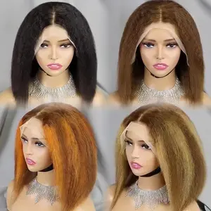 Letsfly Free shipping Yaki 13x4 Lace Frontal Wig Human Hair wigs 12inch available hair Colored kinky straight wig