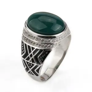 Promotion Pure S925 Sterling Silver Green Agate Stone Men Ring with Clear CZ,Natural Onyx Gemstone Rings for Man Jewelry