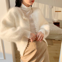 Cardigan en tricot duveteux pour femme avec bordure perlée, manches lanternes, pull moelleux élégant, vêtement d'extérieur ouvert pour l'automne et l'hiver 2026