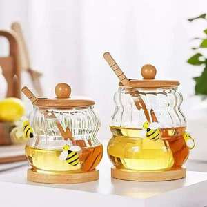 Pot à miel en verre borosilicate avec couvercle, pot de rangement de cuisine avec tige mélangeuse pour le stockage de confiture - Product Image 3