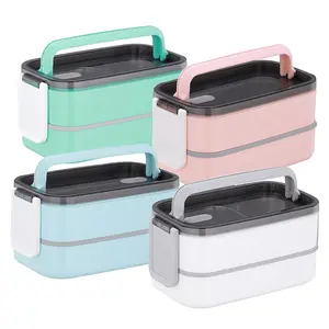 Portable 304 stainless steel square lunch box with handle heatable and anti overflow double-layer plastic steel lunch box