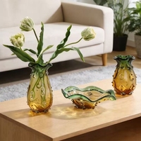 RYLAVA Vas Meja Hidroponik Bentuk Nanas Kaca Hijau Amber Mewah Modern & Set Mangkuk Buah Dekorasi Rumah Pernikahan
