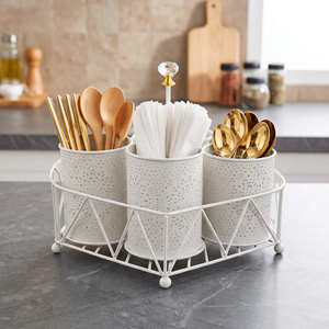 Modern Metal Cutlery Holder <b>Set</b> with 3 Perforated Cans for Kitchen Tableware Storage Detachable Design White Finish - Product Image 2