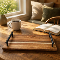 Plateau de service rectangulaire en bois d'acacia pour le petit-déjeuner, plateau à café et à nourriture avec poignée en métal, pour la cuisine et la table