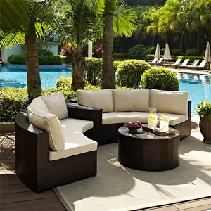 Indonésien Belle courbe hôtel de villégiature divertissant jardin canapé en rotin et ensemble de table cour piscine meubles d'extérieur