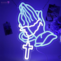 Letrero de Neón Religioso Personalizado, LED Regulable, Manos en Oración, Cruz, Arte de Pared, 11x14.88 pulgadas, para Iglesia, Decoración Cristiana, Regalo, Venta al por Mayor