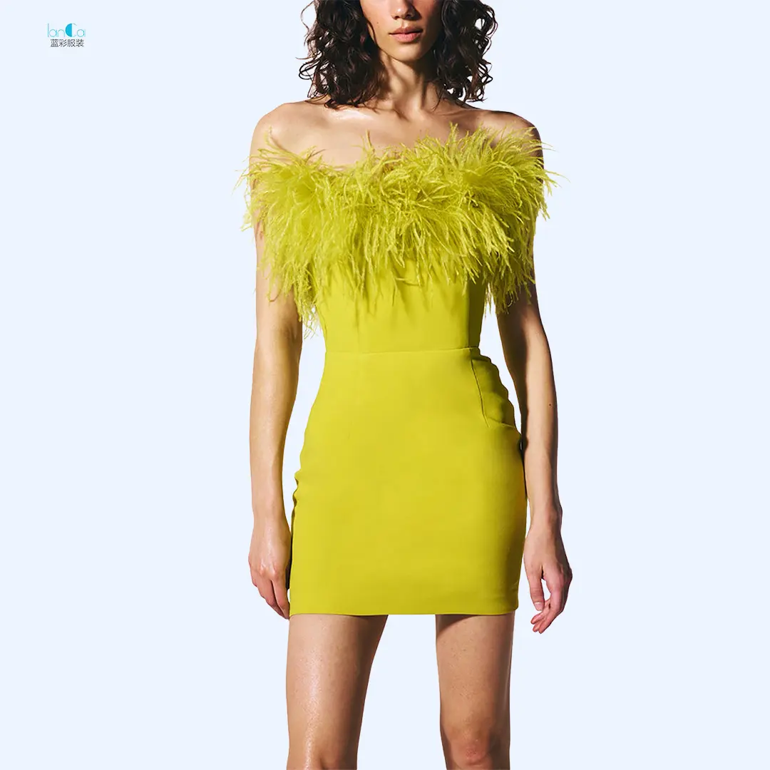 Lancai 2022 Fashion Chest Strapless Hip Wrap Ostrich Feather Sequin Patchwork Bodycon Dress Women Sexy Party Wear Mini Dresses