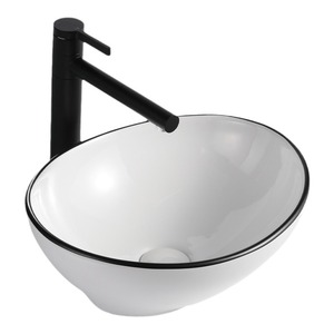 Ceramic Countertop <b>Basin</b> <b>Round</b> White With Black Rim Single Sink For Bathroom Easy Cleaning - Product Image 1