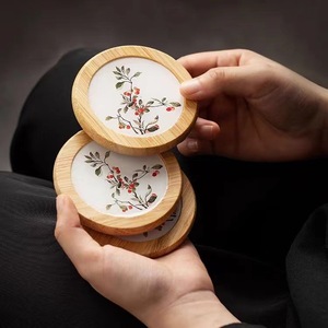 Posavasos de Bambú Redondos de Cerámica Resistentes al Calor con Diseño Floral Chino Tradicional para Hogar y Oficina - Product Image 1